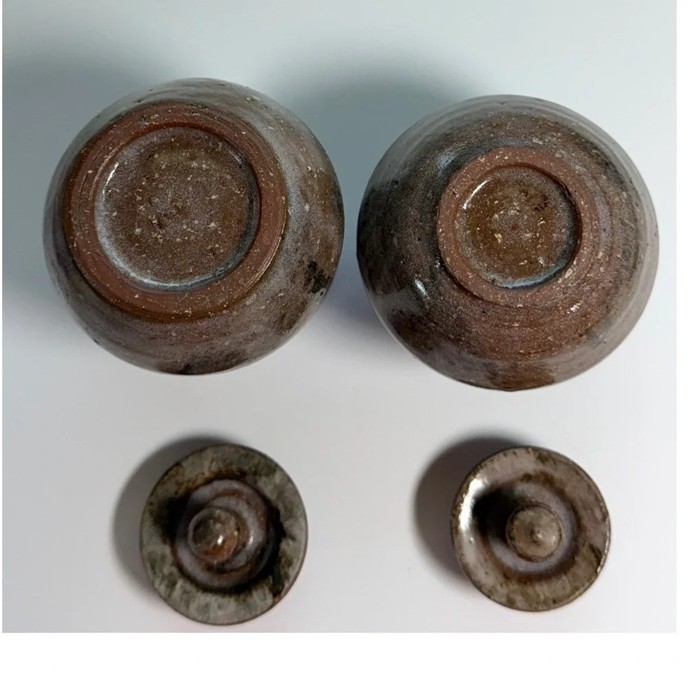 Vintage Studio Pottery Lidded Jars Set of 2 Brown Glazed Stoneware Canisters